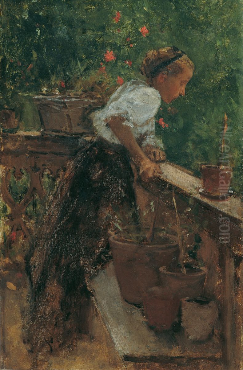 Bauernmadchen auf dem Balkon Oil Painting by August von Pettenkofen