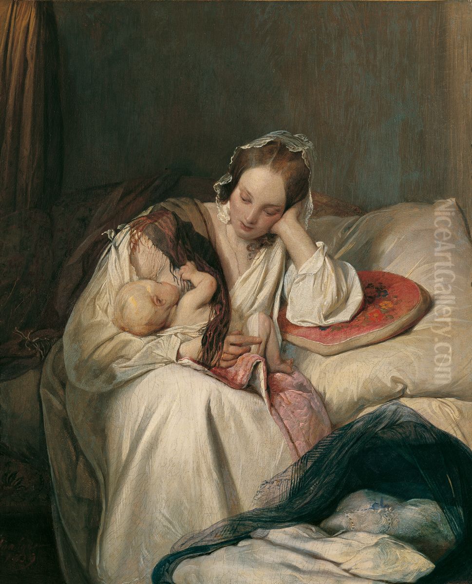 Mutterliebe (Die Gattin des Kunstlers mit Kind) Oil Painting by Josef Franz Danhauser
