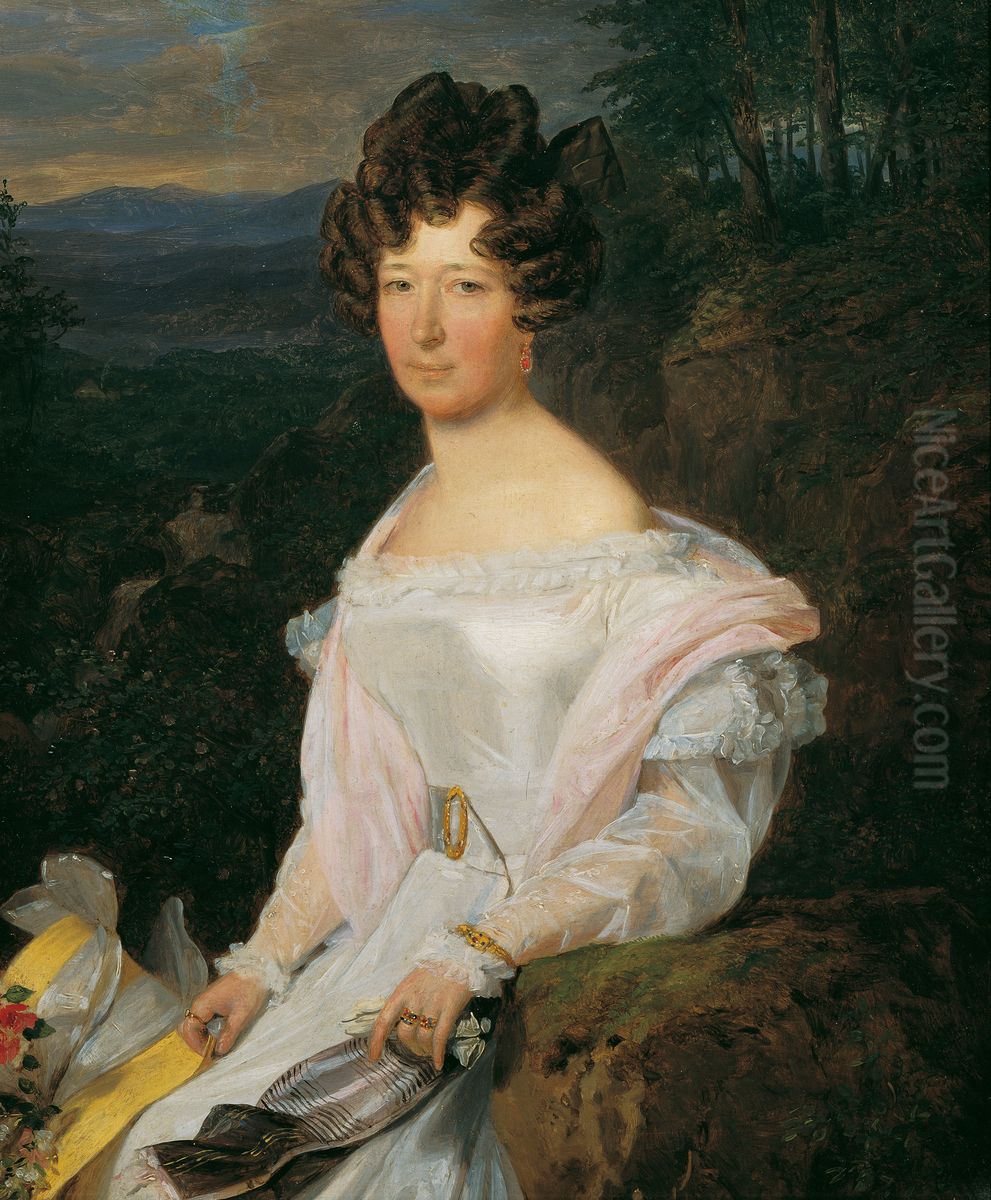 Dame in weissem Kleid vor einer Wienerwaldlandschaft Oil Painting by Ferdinand Georg Waldmuller