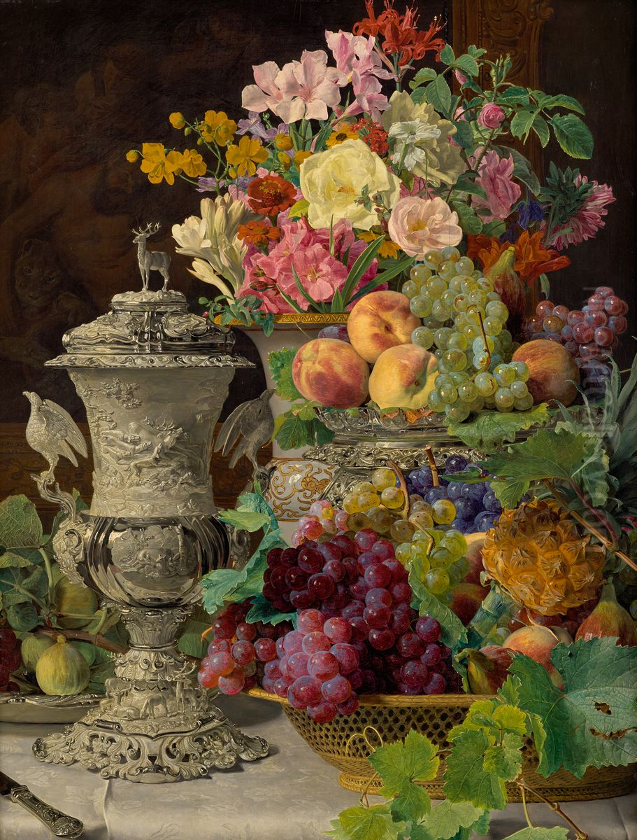 Still life with fruit flowers and a silver goblet Oil Painting by Ferdinand Georg Waldmuller