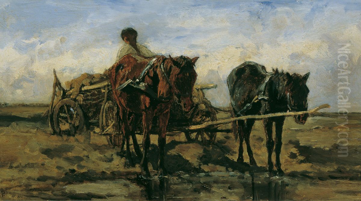 Ungarisches Bauernfuhrwerk am Wasser Oil Painting by August von Pettenkofen