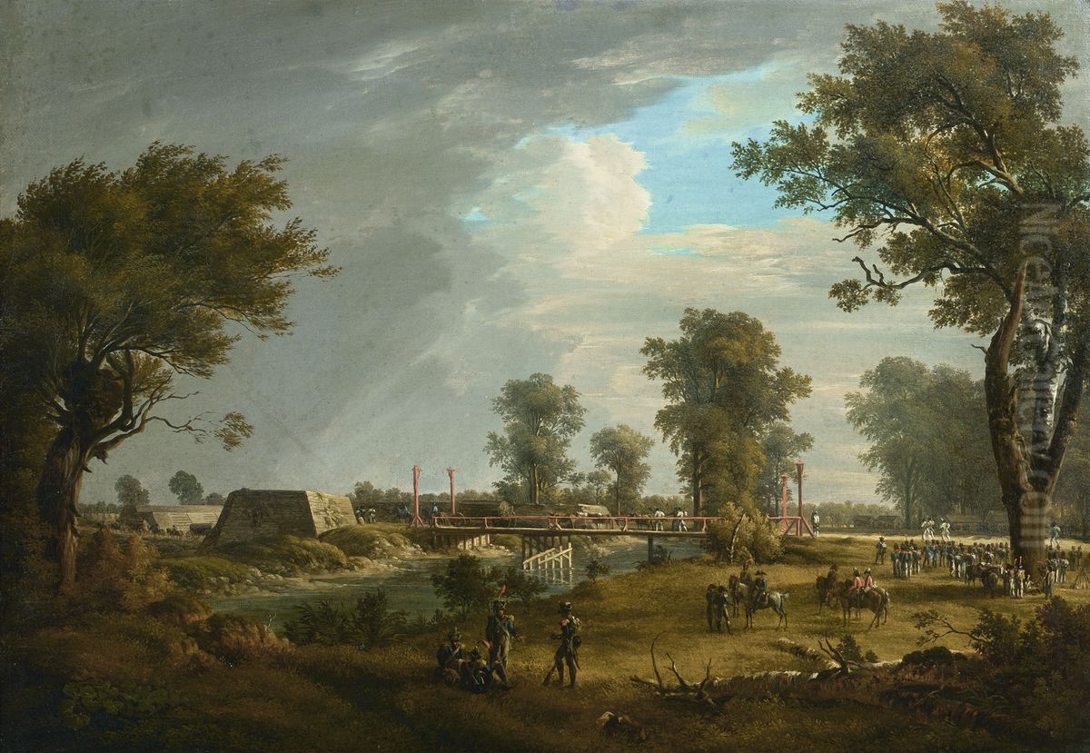 Szene aus den Napoleonischen Kriegen: Der franzosische Ruckzug aus der Lobau und der verwundete Marschall Jean Lannes (Duc de Montebello) Oil Painting by Josef Rebell