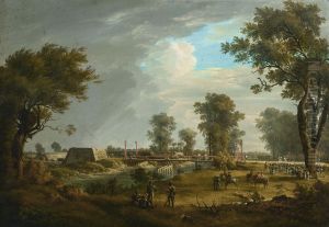 Szene aus den Napoleonischen Kriegen: Der franzosische Ruckzug aus der Lobau und der verwundete Marschall Jean Lannes (Duc de Montebello)