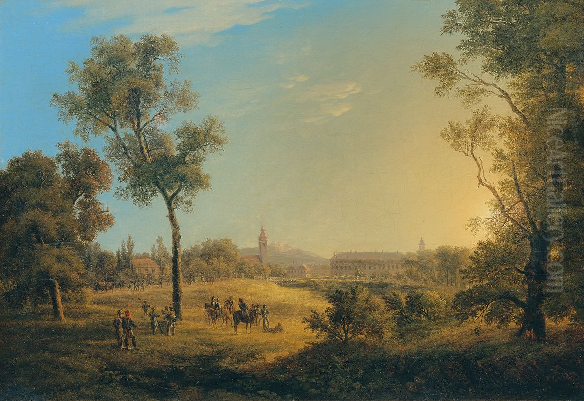 Szene aus den Napoleonischen Kriegen: Ansicht von Kaiserebersdorf Oil Painting by Josef Rebell