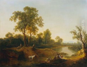 Reiter und Fischer in einer Flusslandschaft