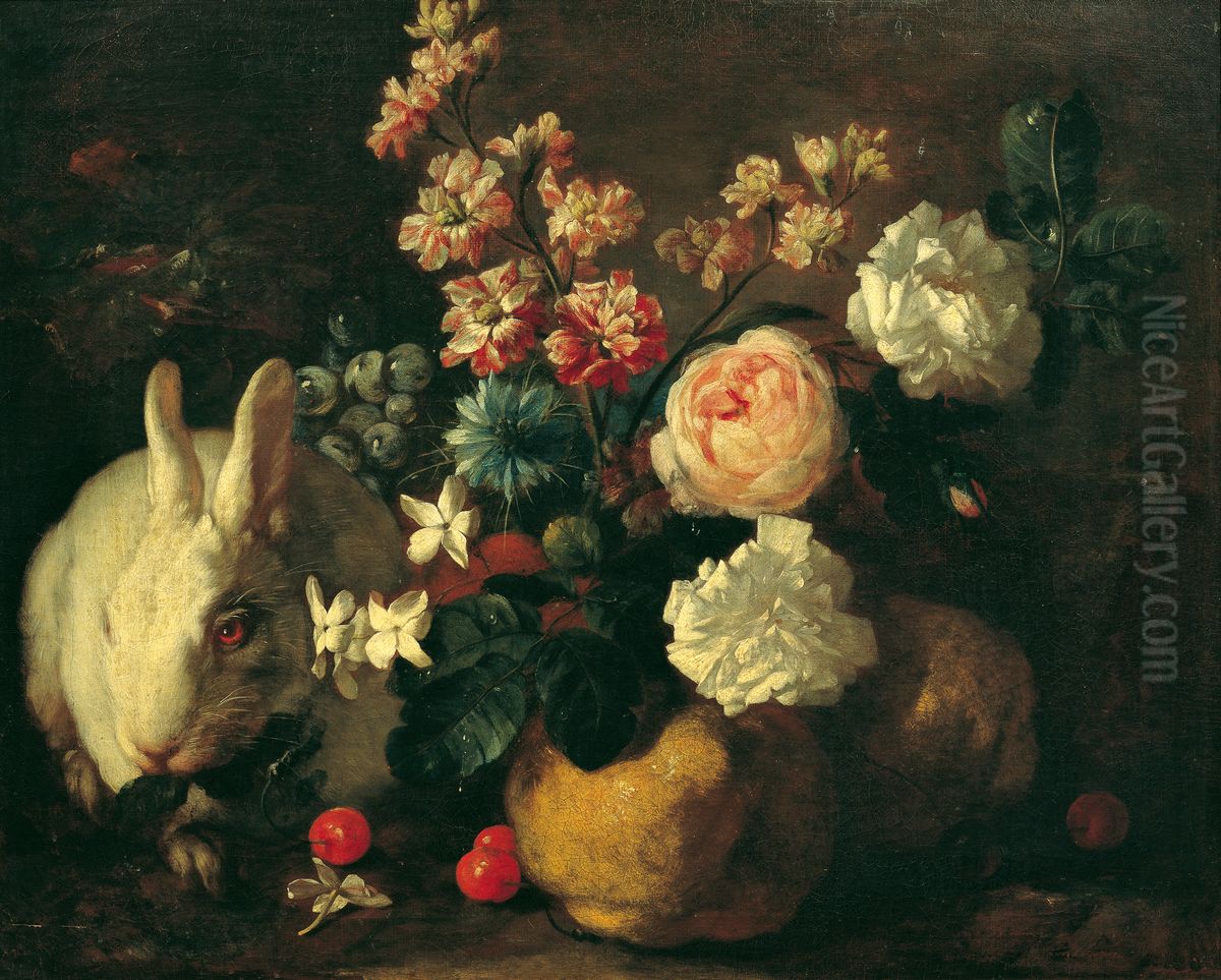Stillleben mit Kaninchen, Blumen und Fruchten Oil Painting by Franz Werner Tamm