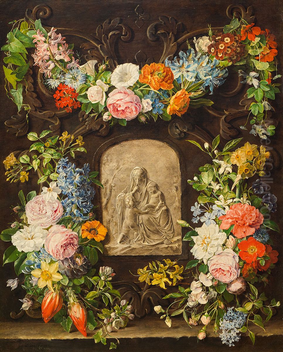 Blumenkranz mit Madonnenrelief Oil Painting by Pauline Freiin von Koudelka