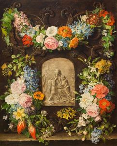 Blumenkranz mit Madonnenrelief