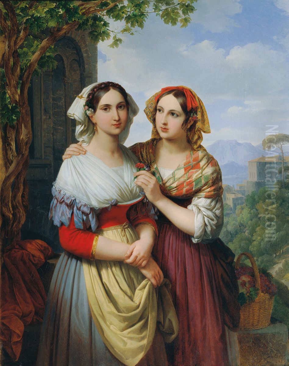 Two Girls in a Landscape Oil Painting by Johann Ender