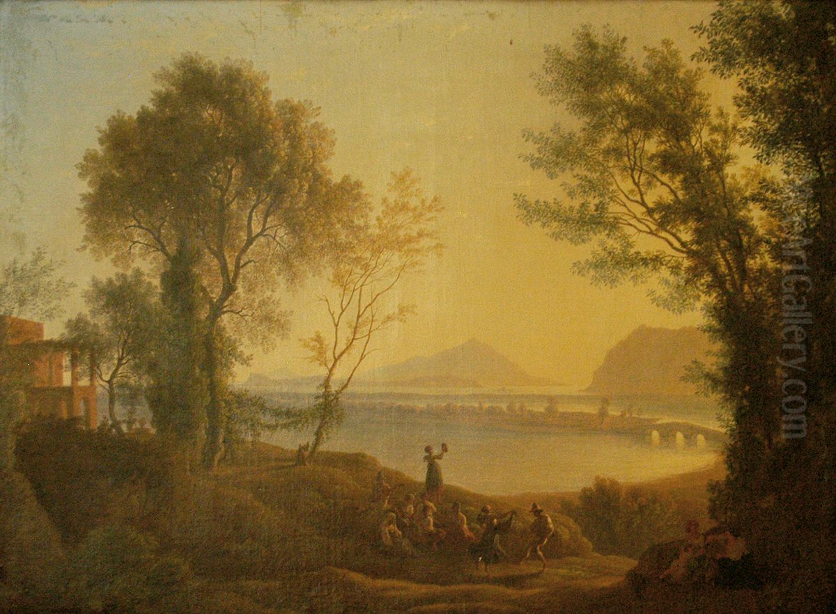 Italian Landscape with Sunset Oil Painting by Josef Rebell