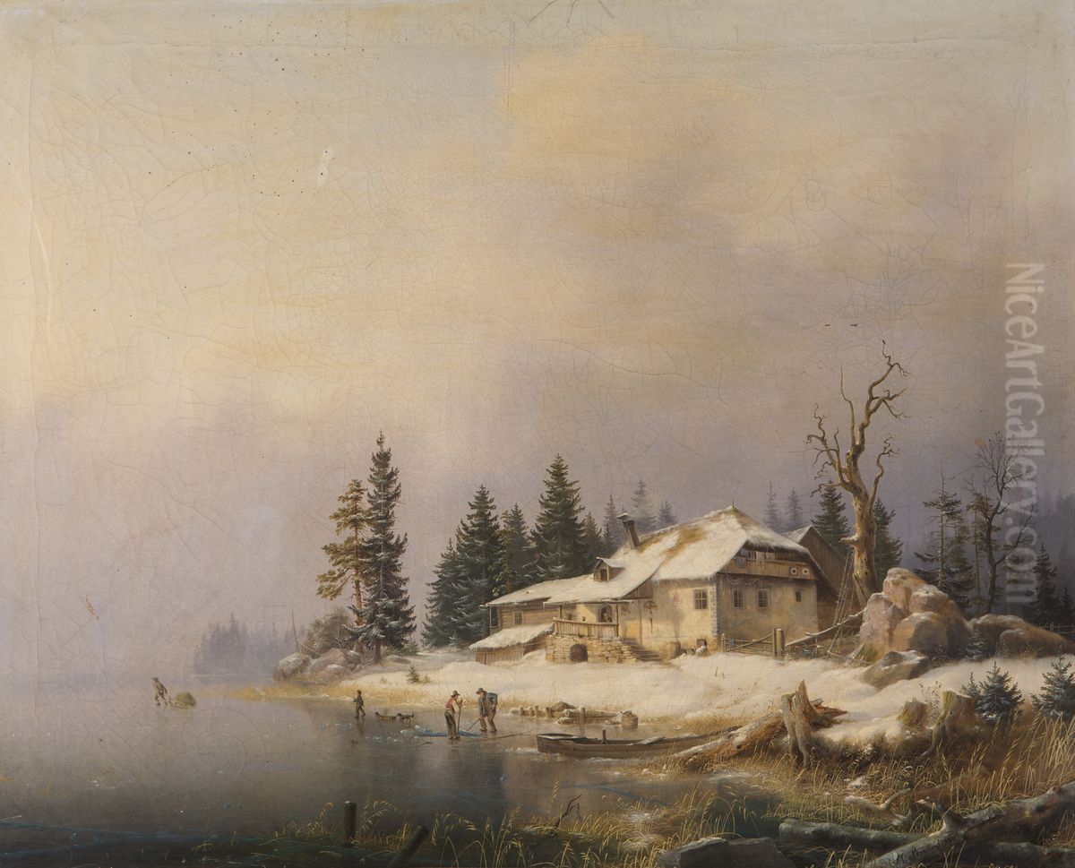 Bauernhof am winterlichen See Oil Painting by Marko Pernhart