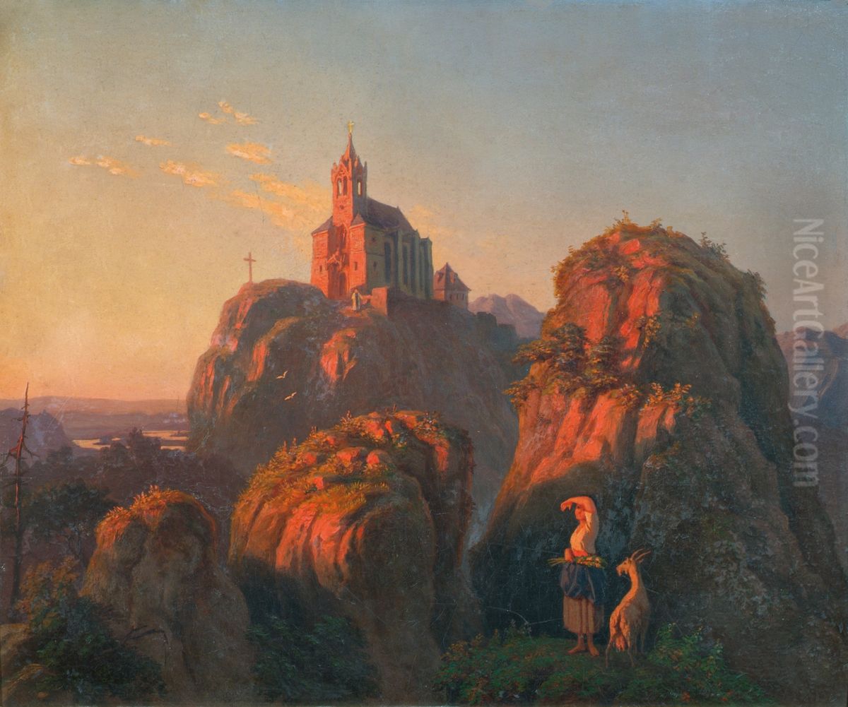 Landschaft mit Kirche am Abend Oil Painting by Emil Ludwig Lohr