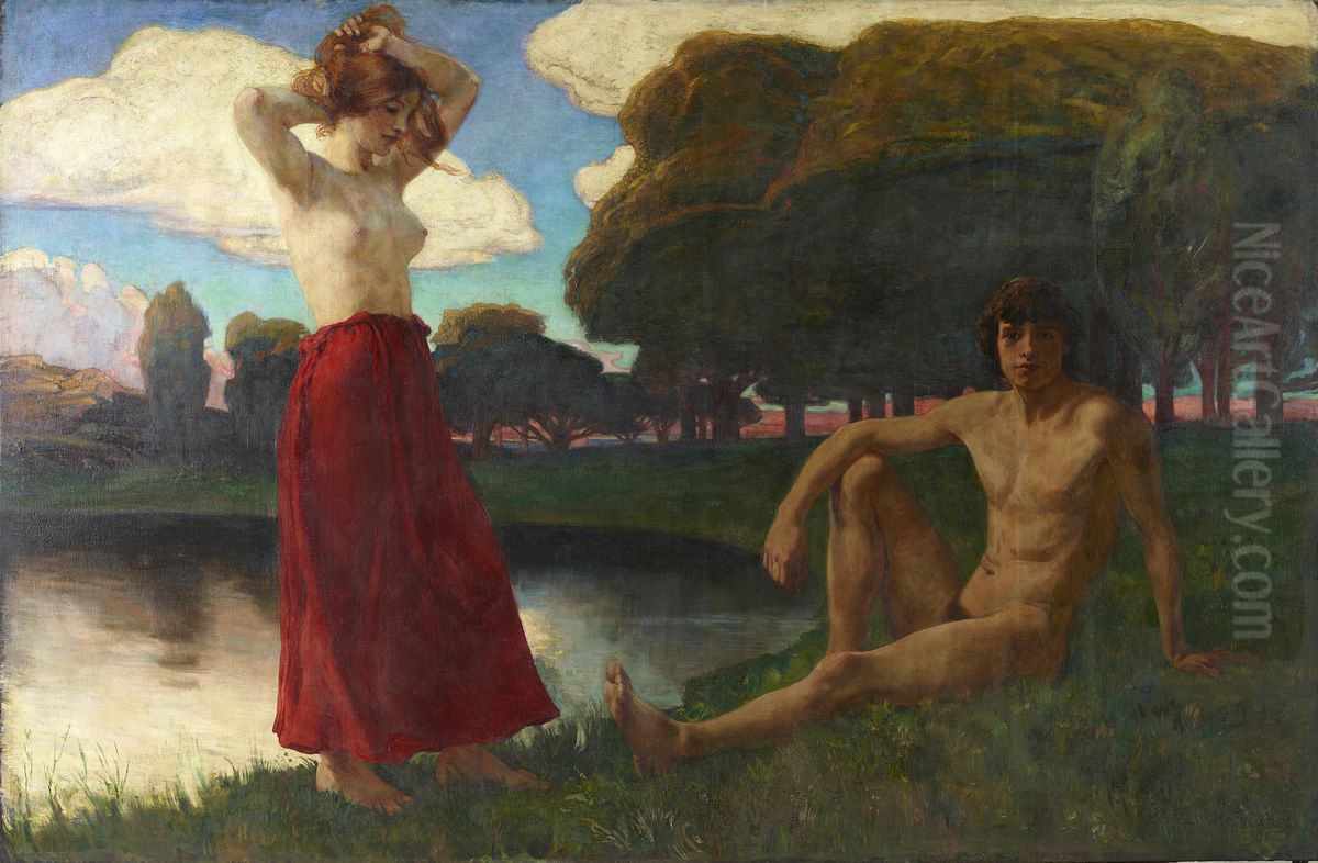 Idyll (Male and Female Semi-nude in the Landscape) Oil Painting by Ludwig Von Hofmann