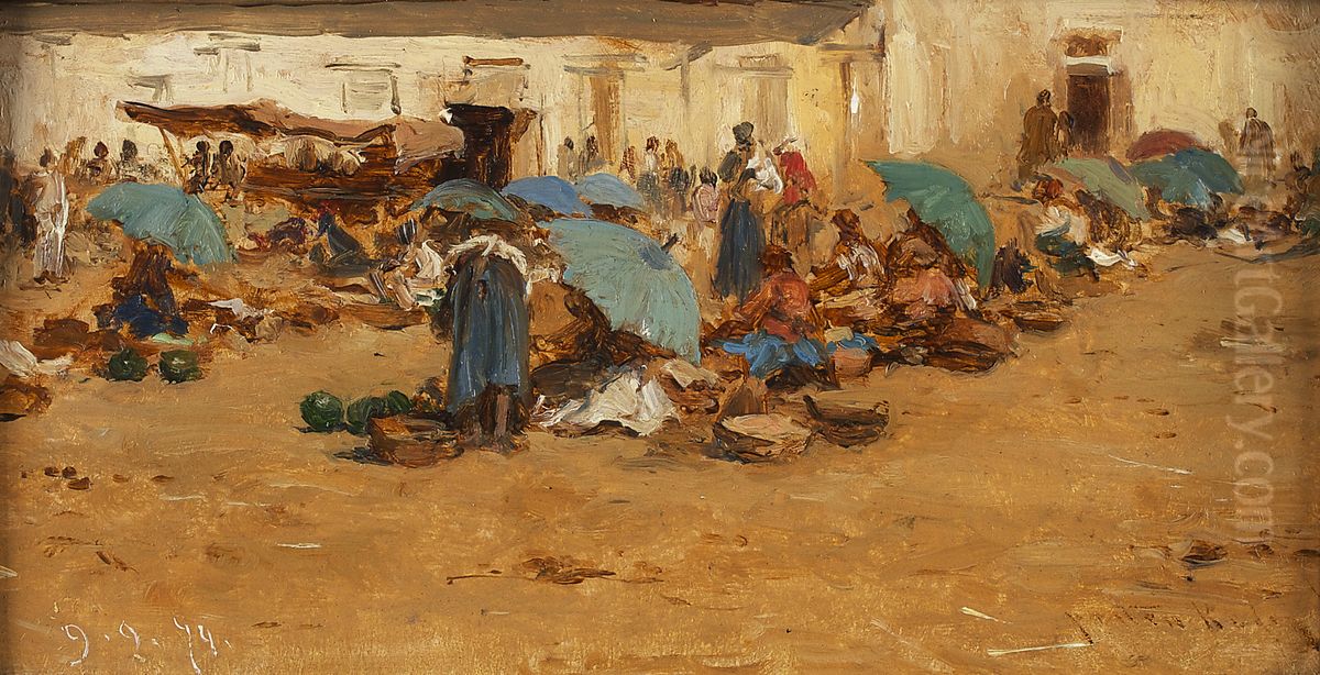 Ungarischer Markt mit blauen Schirmen Oil Painting by August von Pettenkofen