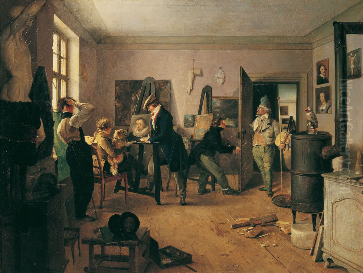 Atelier with painting students Oil Painting by Josef Franz Danhauser