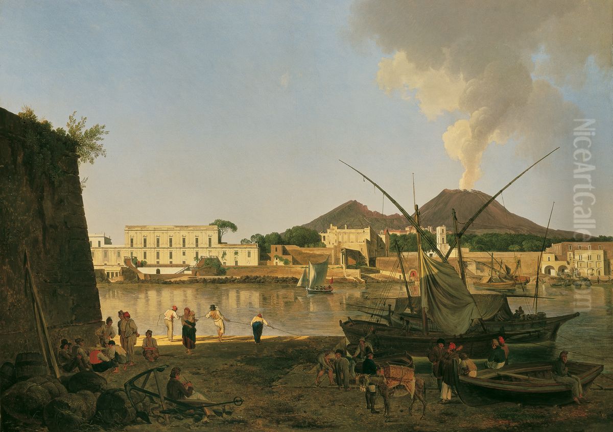 Der Hafen Granatella bei Portici mit dem Vesuv im Hintergrund Oil Painting by Josef Rebell
