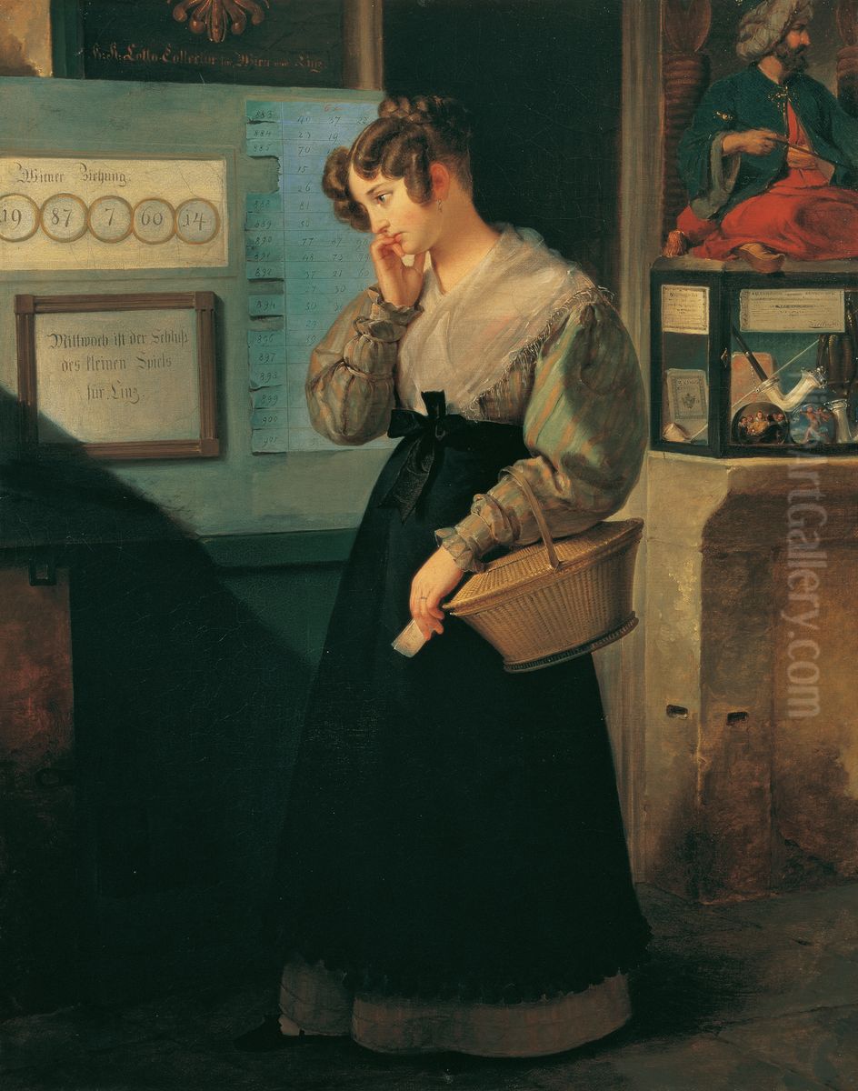 Madchen vor dem Lotteriegewolbe Oil Painting by Peter Fendi