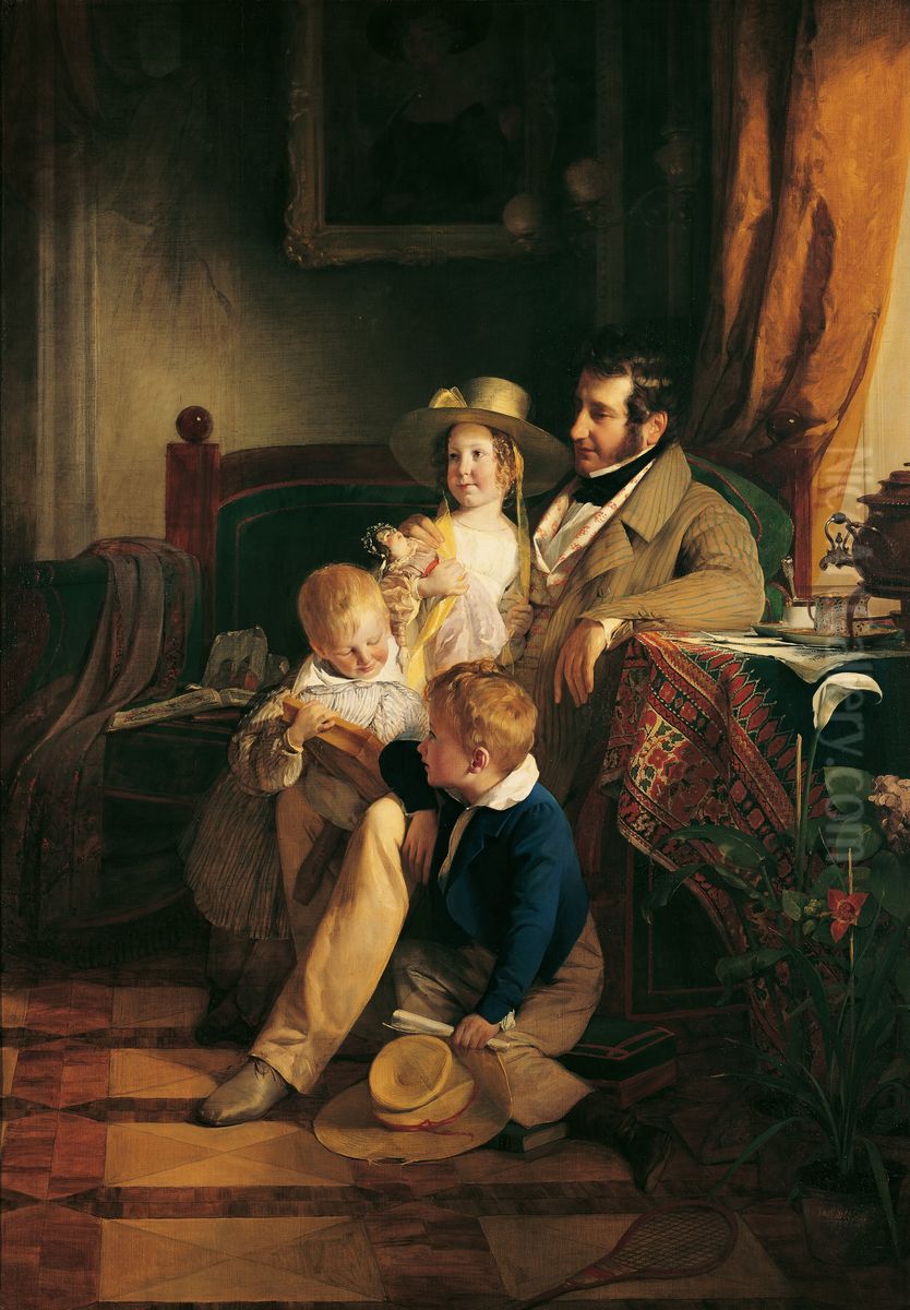 Rudolf von Arthaber und seine Kinder Rudolf, Emilie und Gustav Oil Painting by Friedrich von Amerling