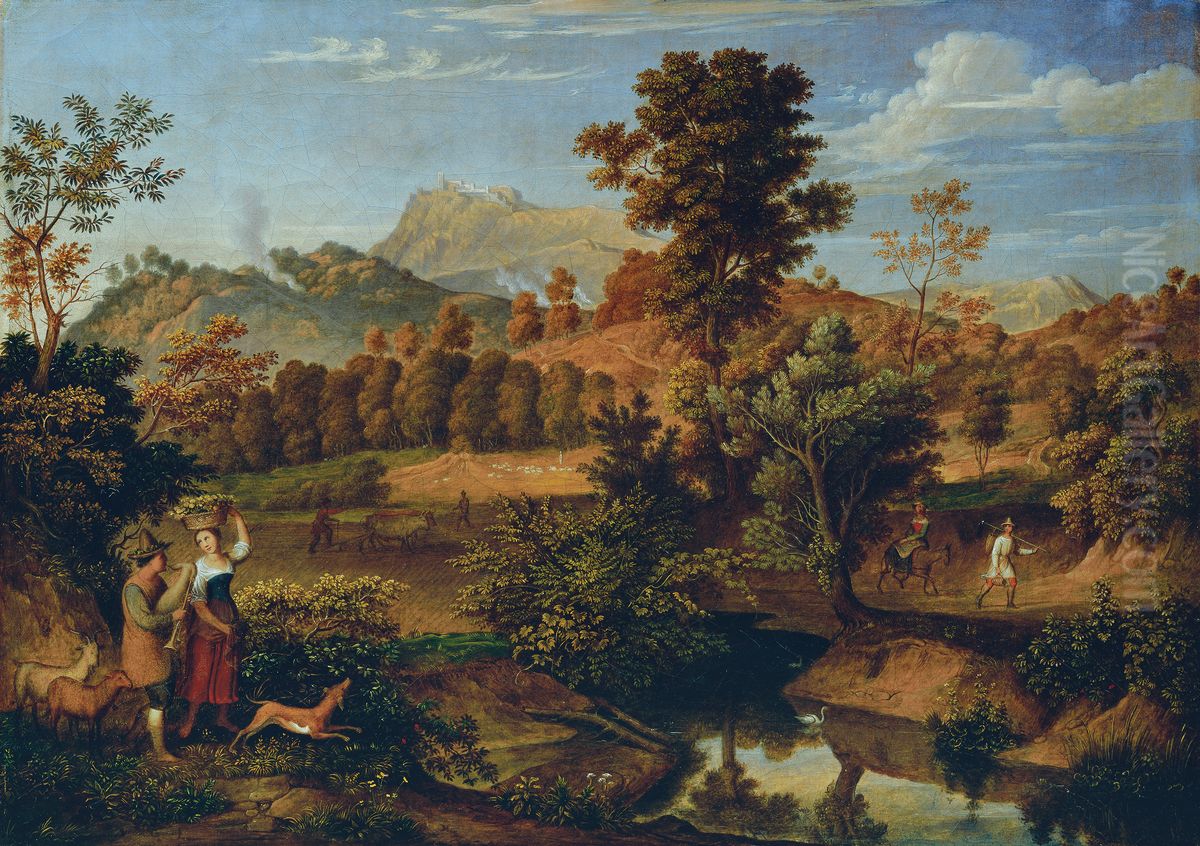 Italienische Landschaft mit pflugendem Landmann (Die Serpentara bei Olevano, Landschaft bei Paliano) Oil Painting by Joseph Anton Koch