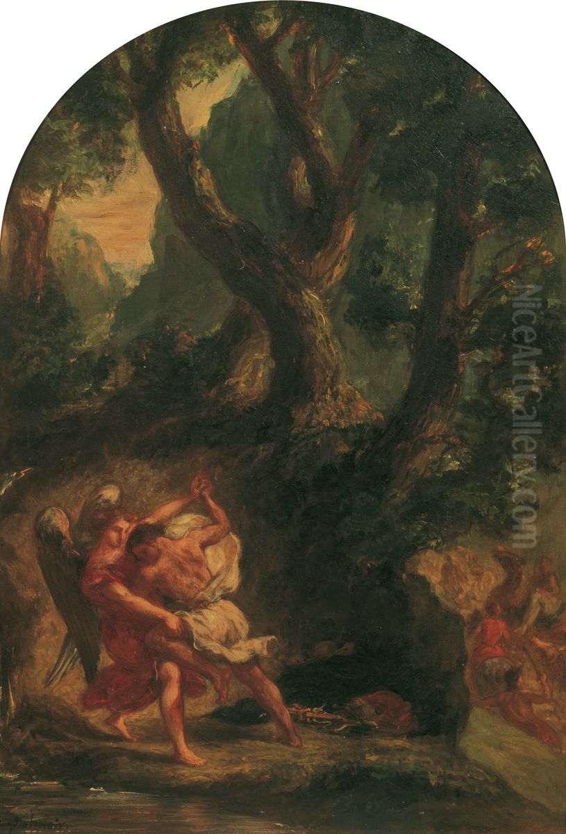 Jakob ringt mit dem Engel Oil Painting by Eugene Delacroix