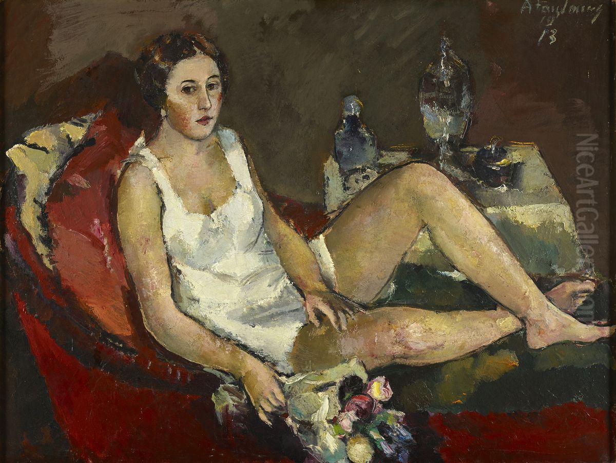 Junge Frau auf rotem Sofa Oil Painting by Anton Faistauer