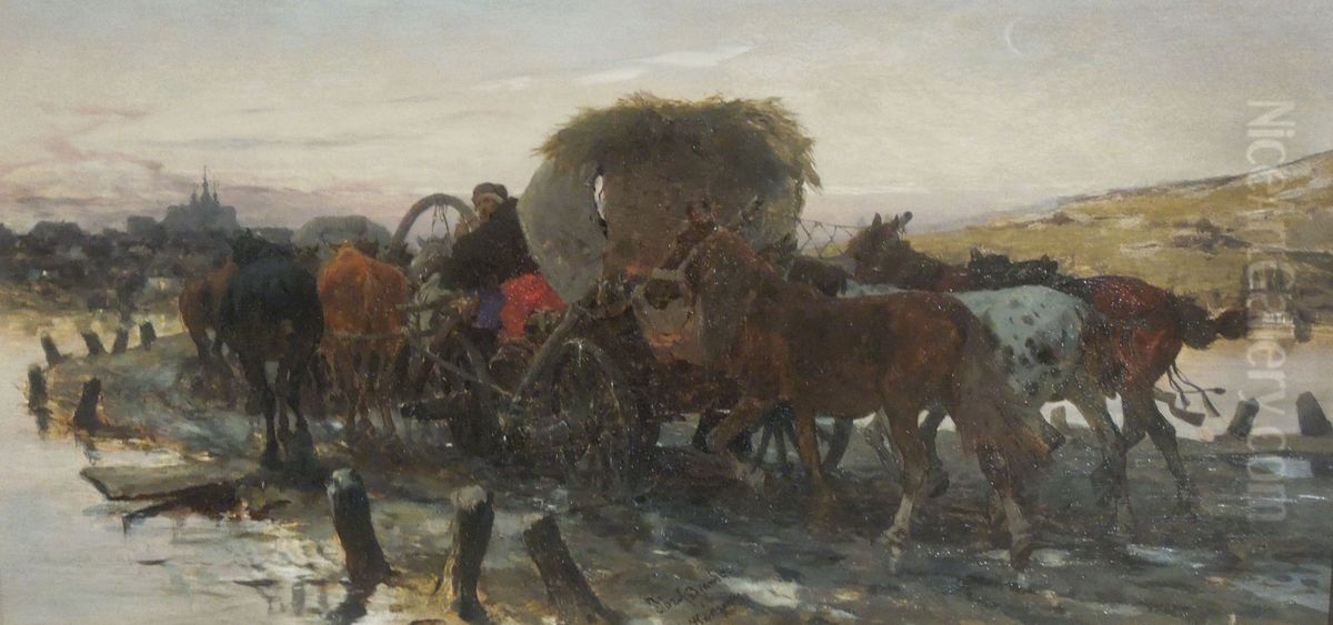 Zydzi prowadzacy konie na targ Oil Painting by Jozef Brandt
