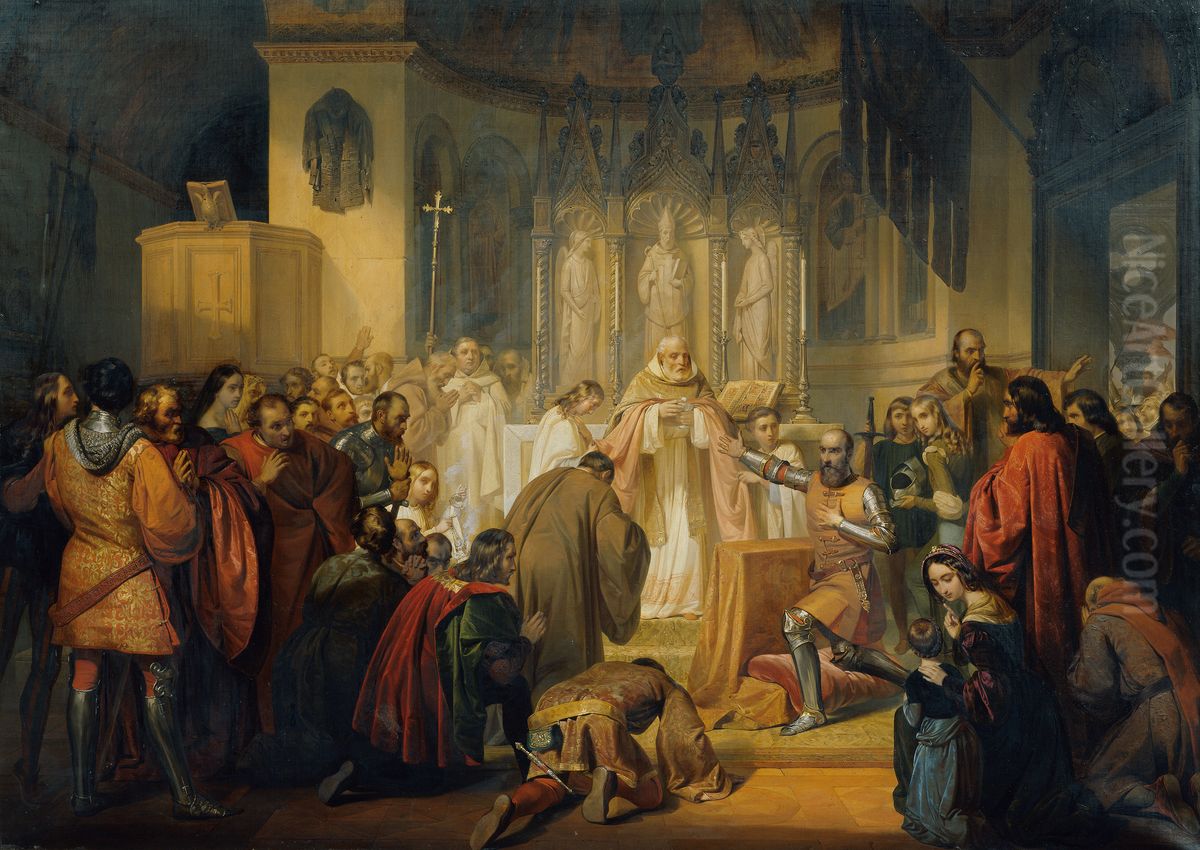 Vittore Pisani empfangt das heilige Abendmahl bevor er das Kommando einer Expedition gegen die Genuesen ubernimmt Oil Painting by Ludovico Lipparini