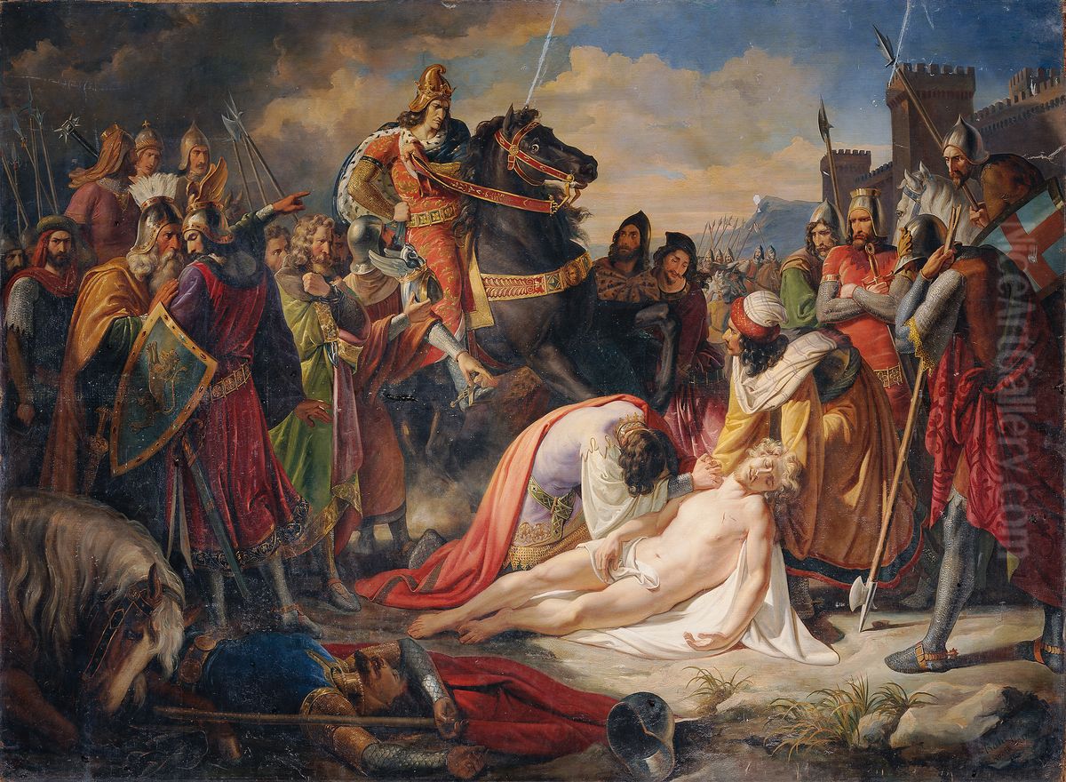 Karl I. von Anjou an der Leiche Manfreds nach der Schlacht von Benevent am 26. Februar 1266 Oil Painting by Carl Rahl
