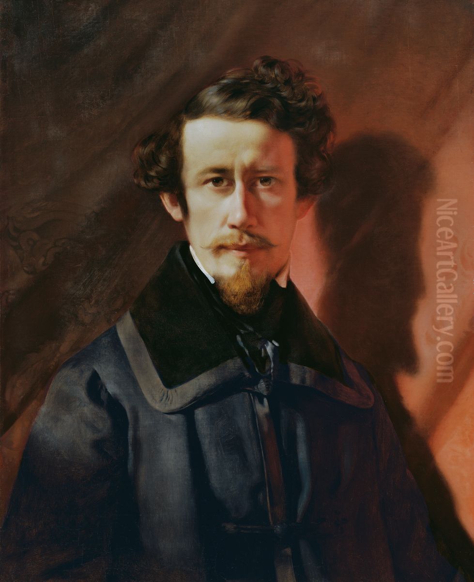 Selbstportrat vor rotem Grund Oil Painting by Franz Eybl