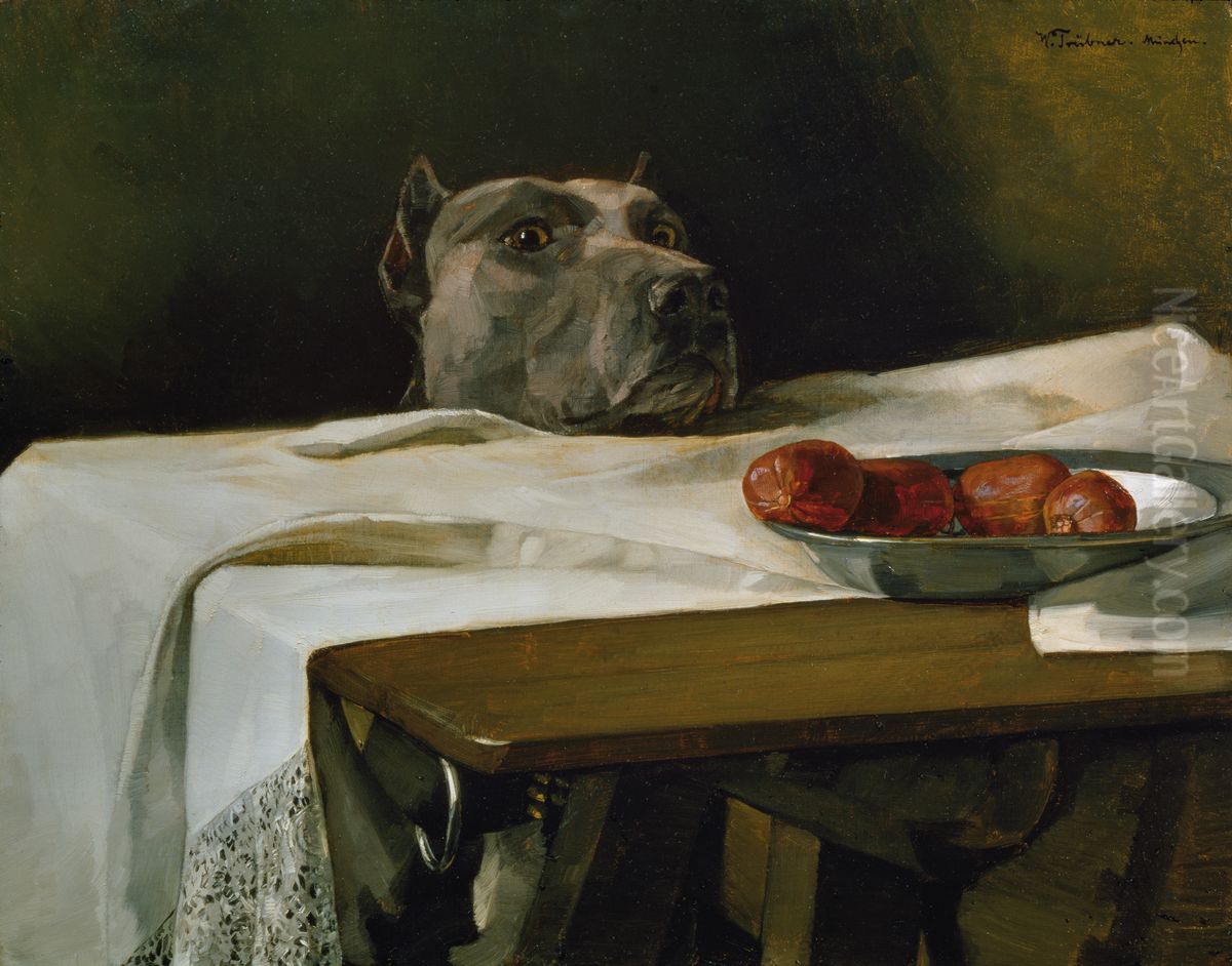 Dogge mit Wurstschussel. >>Caesar am Rubikon<< Oil Painting by Wilhelm Heinrich Trutbner