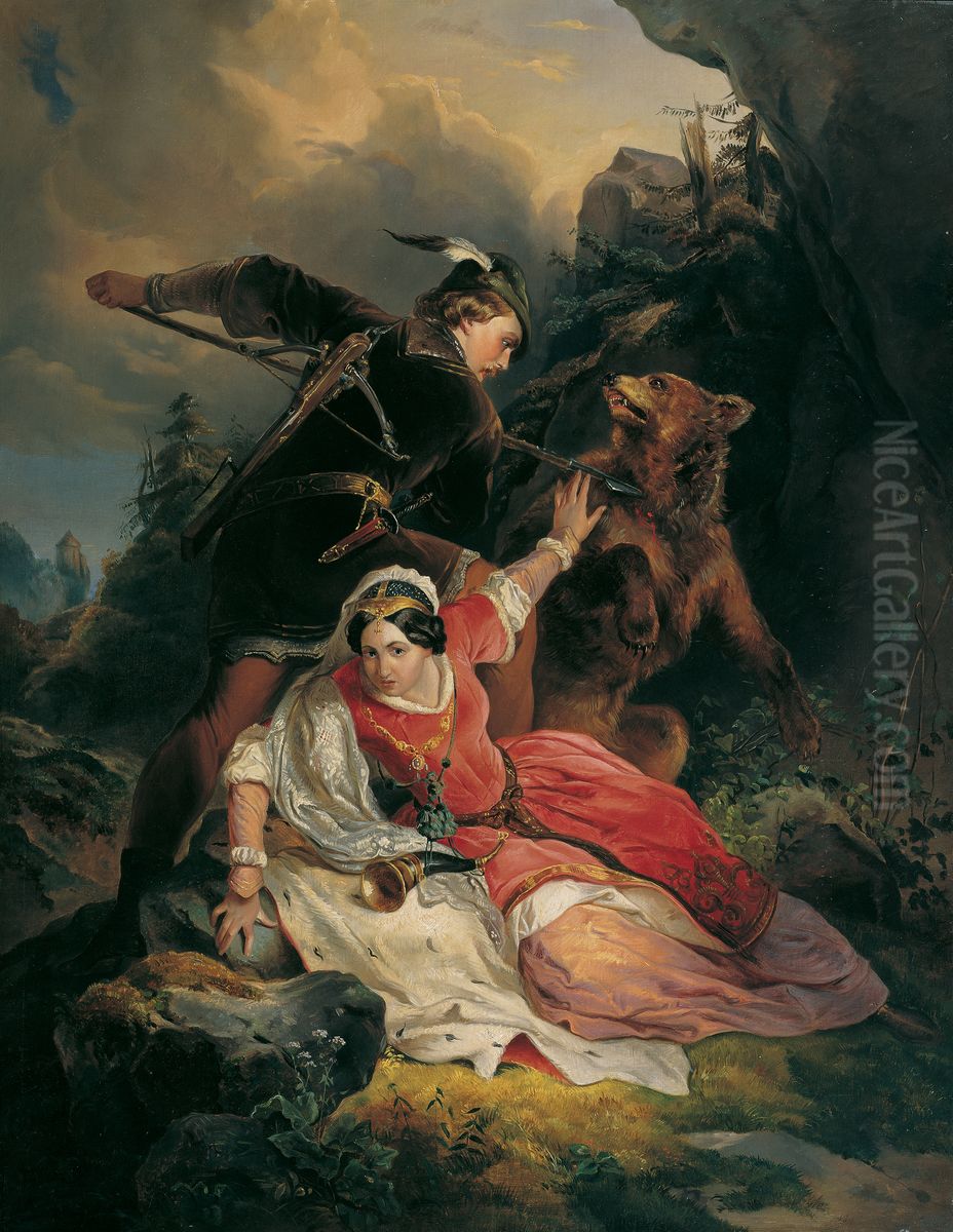 Herzog Ernst der Eiserne rettet Cimburgis von Masowien Oil Painting by Franz Joseph Dobyaschofsky