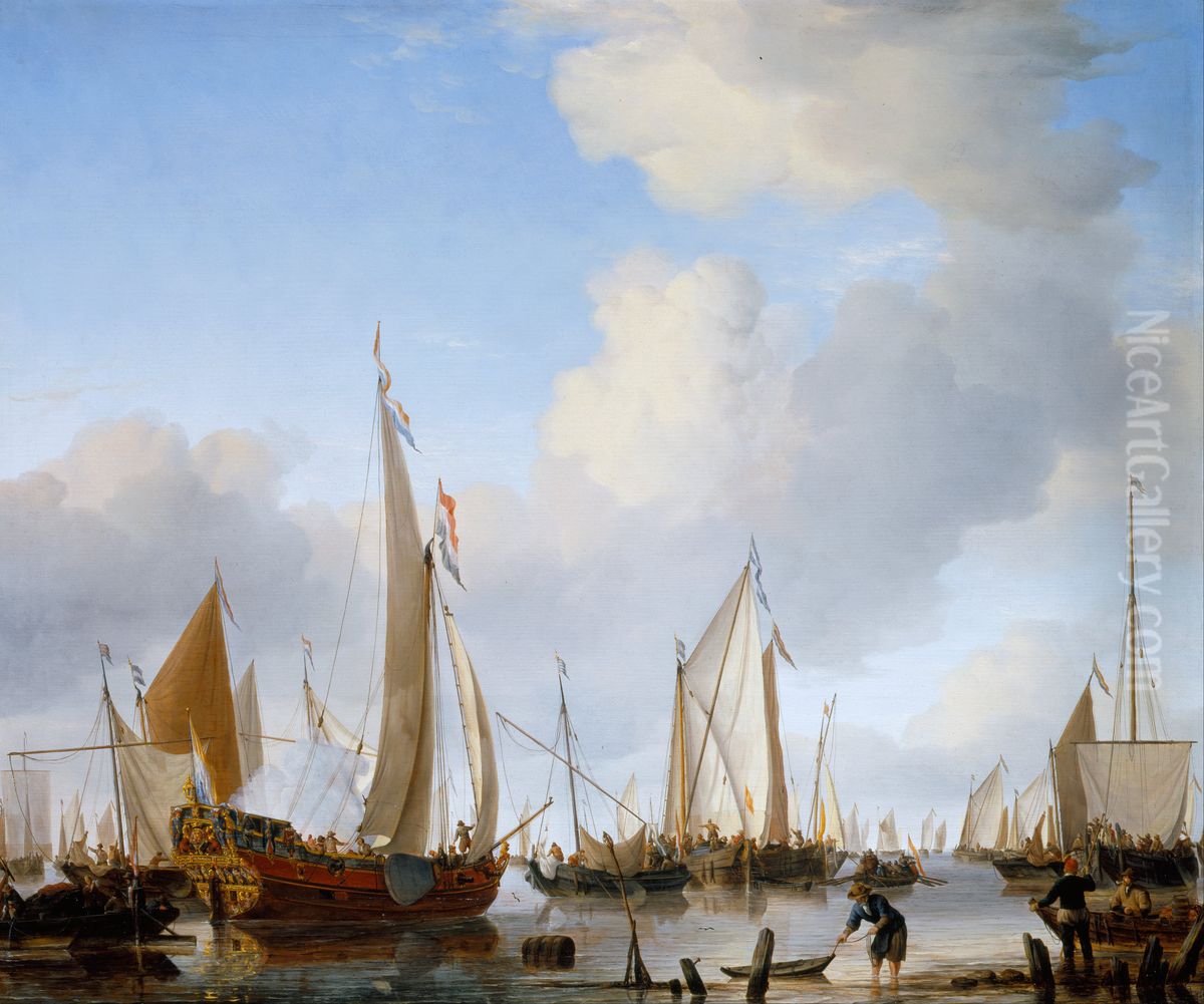 A States Yacht under Sail close to the Shore with many other Vessels Oil Painting by Willem van de Velde the Younger