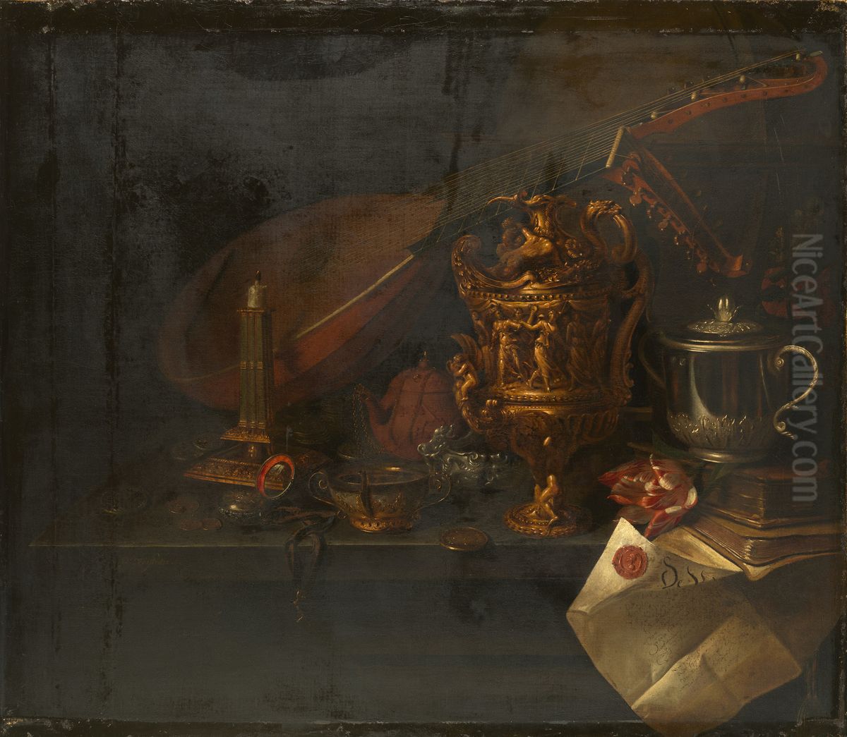 Still Life with a Theorbo Oil Painting by Pieter Gerritsz van Roestraten