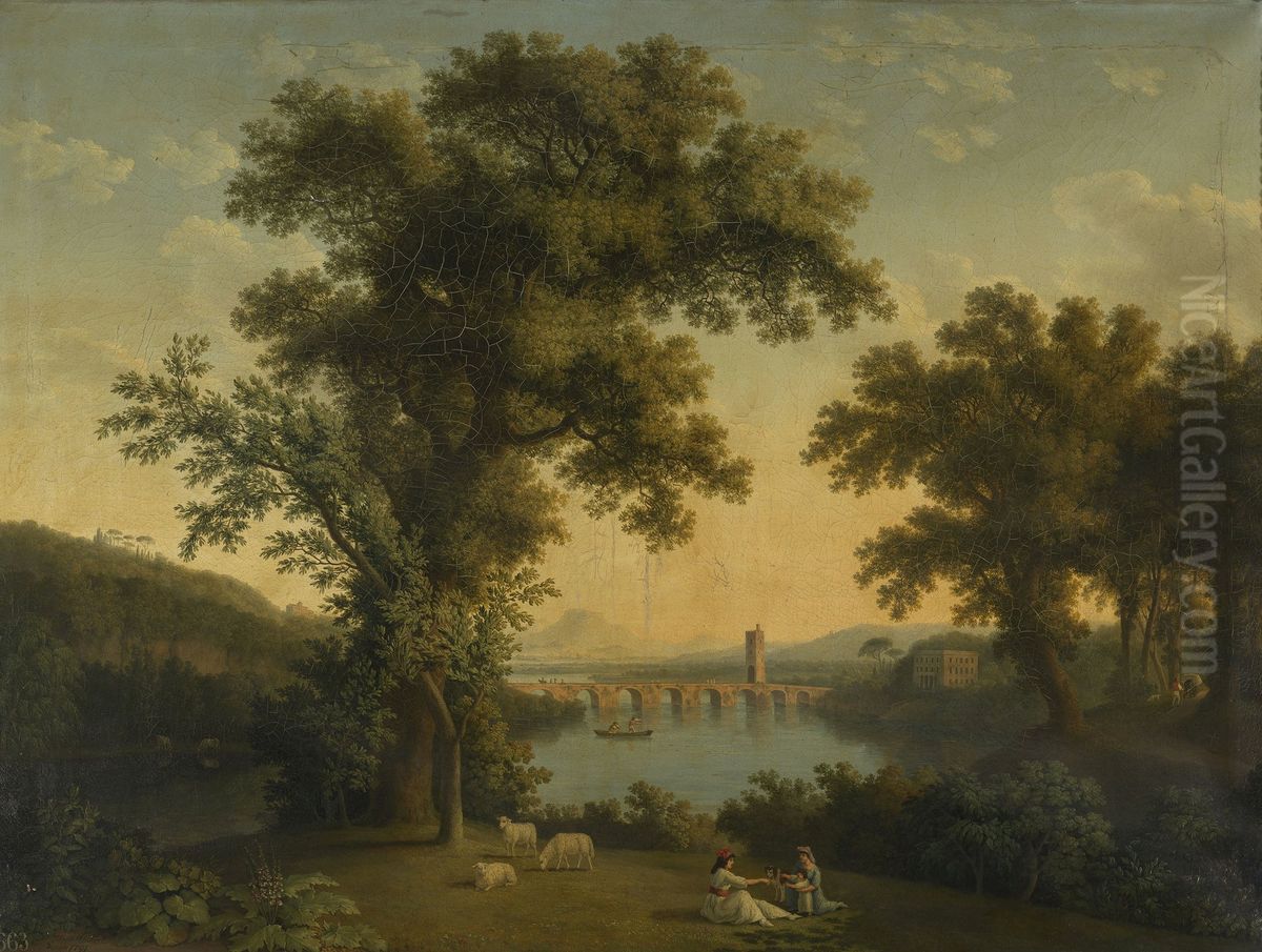 River Landscape with Women Playing with a Child Oil Painting by Jacob Philipp Hackert