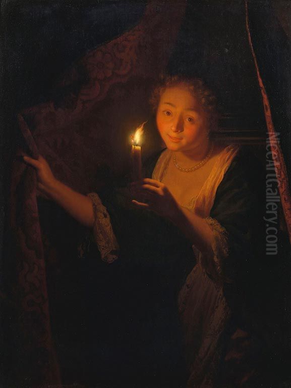 A Girl with a Candle Drawing aside a Curtain Oil Painting by Godfried Schalcken