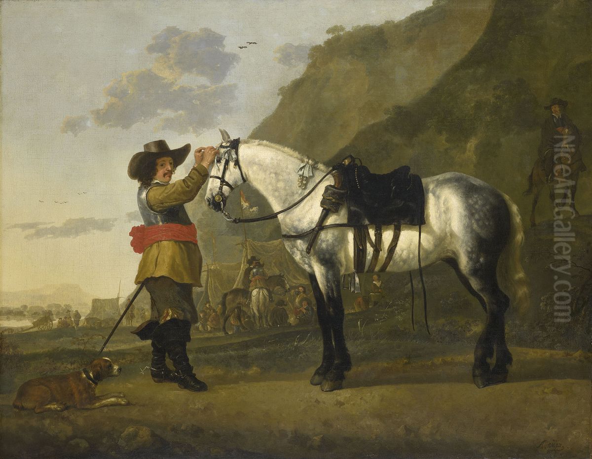 A Cavalry Trooper Decorating his Dappled Grey Horse with a Reclining Spaniel at his Feet Oil Painting by Aelbert Cuyp