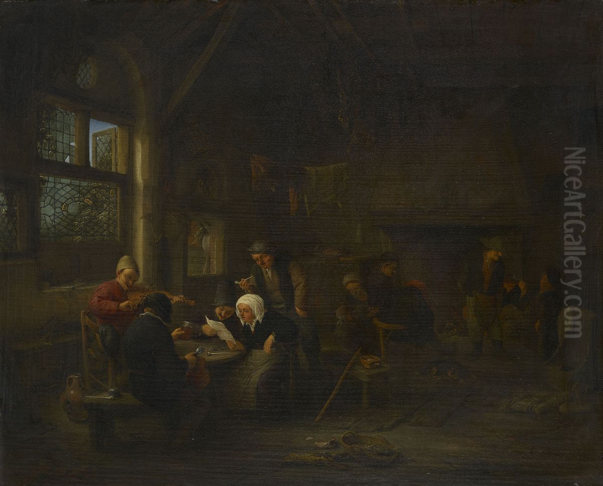 An Evening Scene in a Tavern, with a Fiddler Oil Painting by Adriaen van Ostade