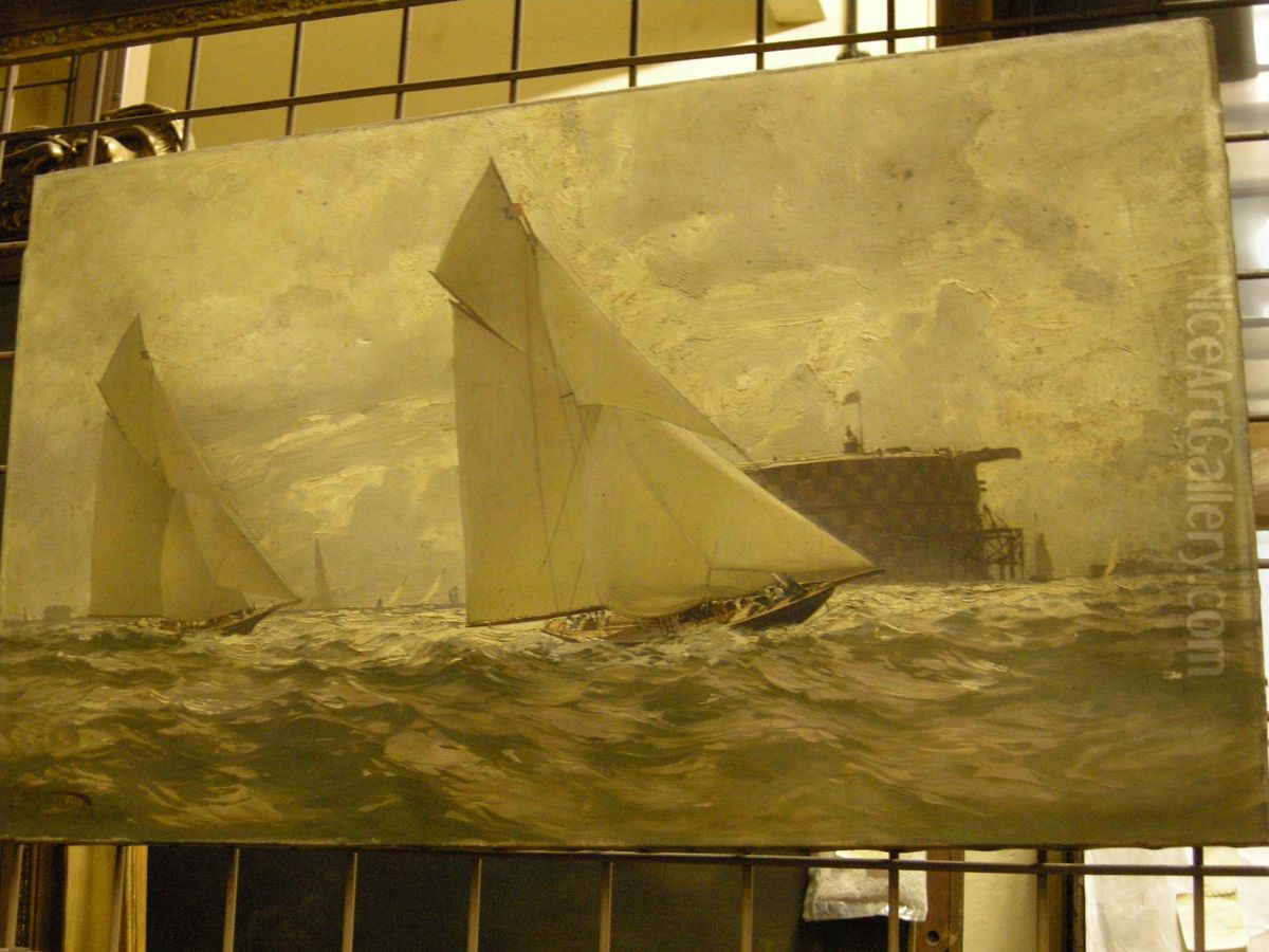 Britannia and Navahoe(?) racing in the Solent, 1893 Oil Painting by Carl Saltzmann