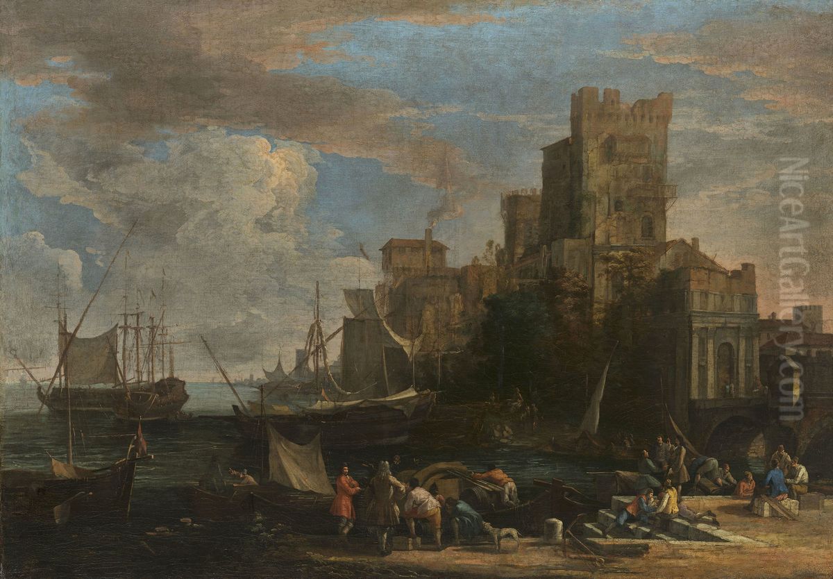 A Caprice View of a Seaport Oil Painting by Luca Carlevarijs A Caprice View of a Seaport Oil Painting by Luca Carlevarijs