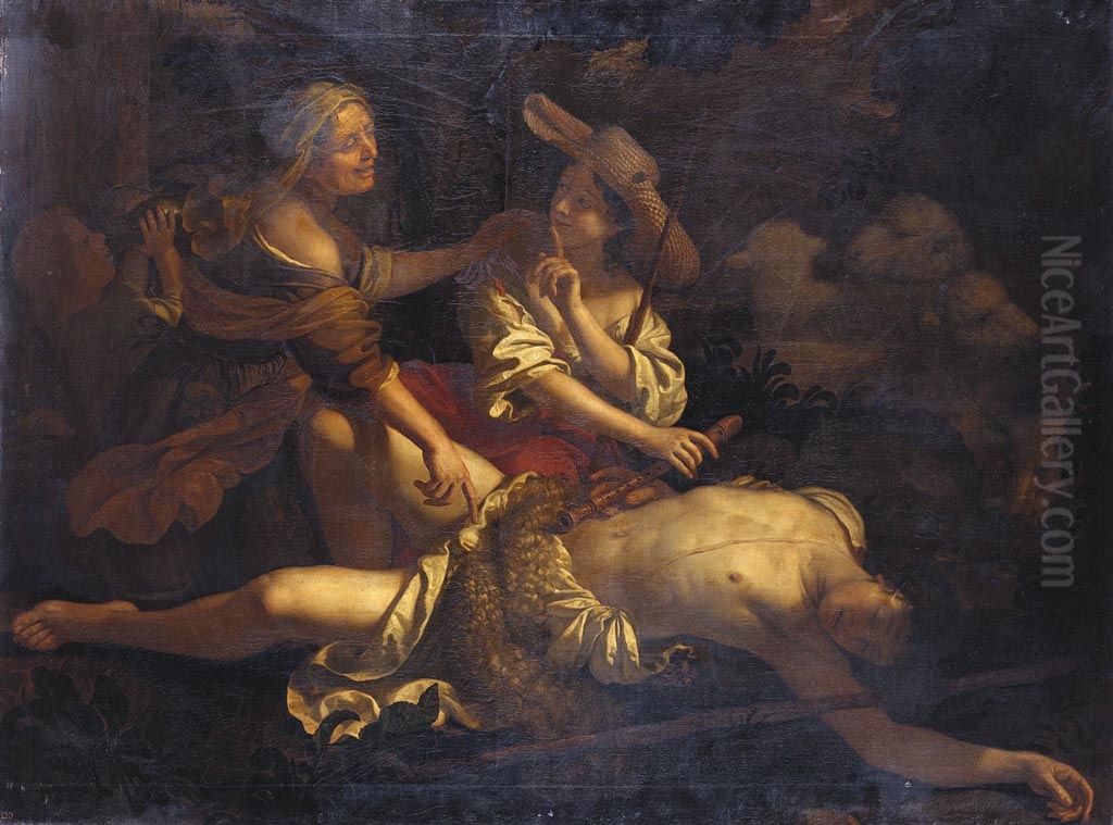 A Sleeping Shepherd Discovered by Two Women Oil Painting by Benedetto Gennari II