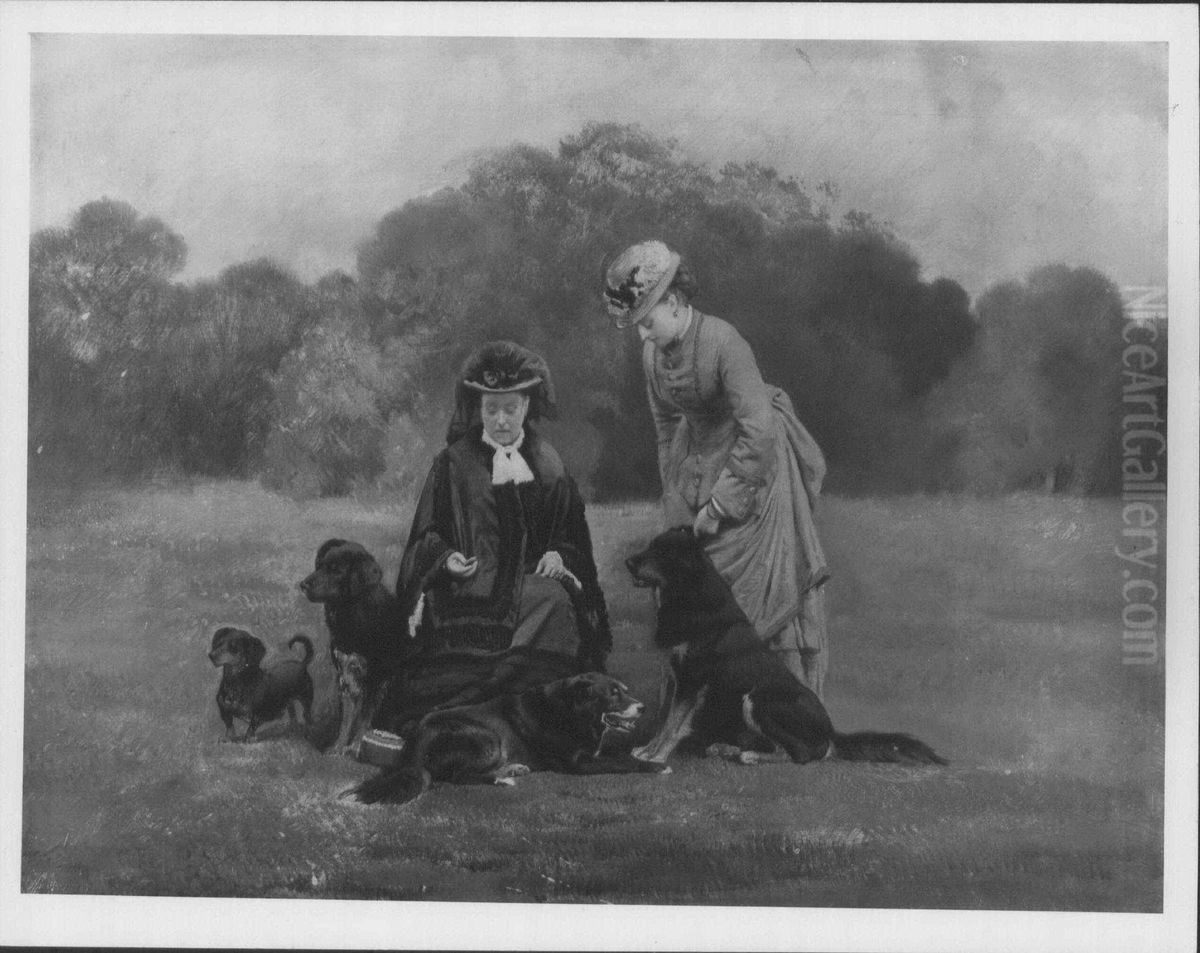 Queen Victoria with Princess Beatrice and a Group of Dogs Oil Painting by Charles Burton Barber