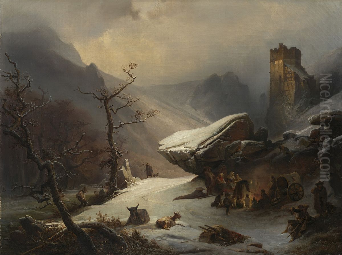 A Winter Scene Oil Painting by Caspar Scheuren