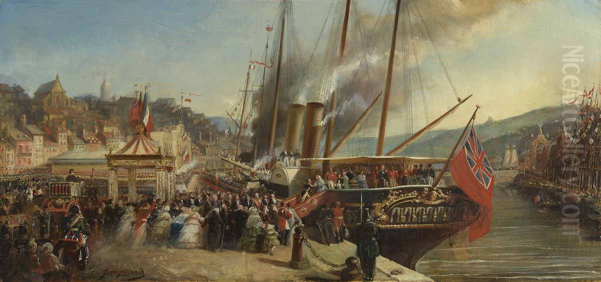 Queen Victoria and Prince Albert, The Prince Consort, landing at Boulogne, 18 August 1855 Oil Painting by Claudius Jacquand