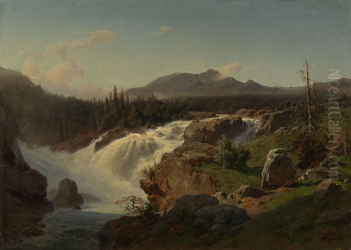 Falls of Riukanfoss, Norway Oil Painting by August Wilhelm Leu