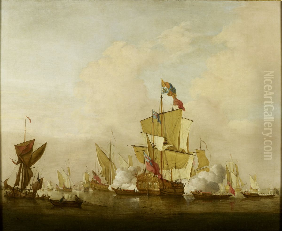 A Calm with a Royal Yacht Firing a Salute Oil Painting by Peter Monamy