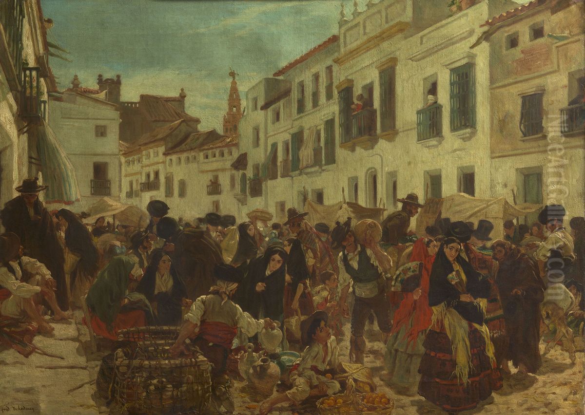 A Spanish Market Place Oil Painting by Alfred Dehodencq