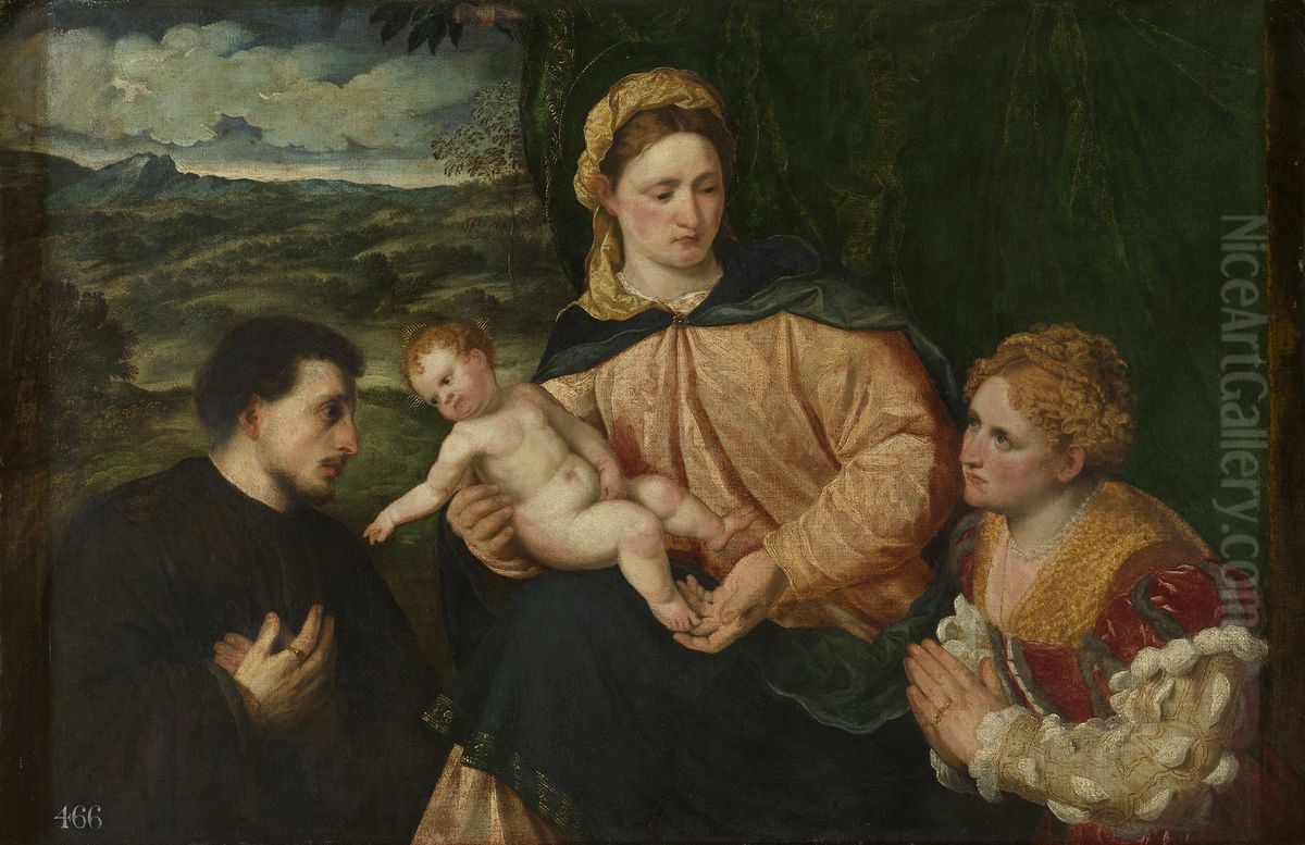 The Virgin and Child with Donors Oil Painting by Paris Bordone