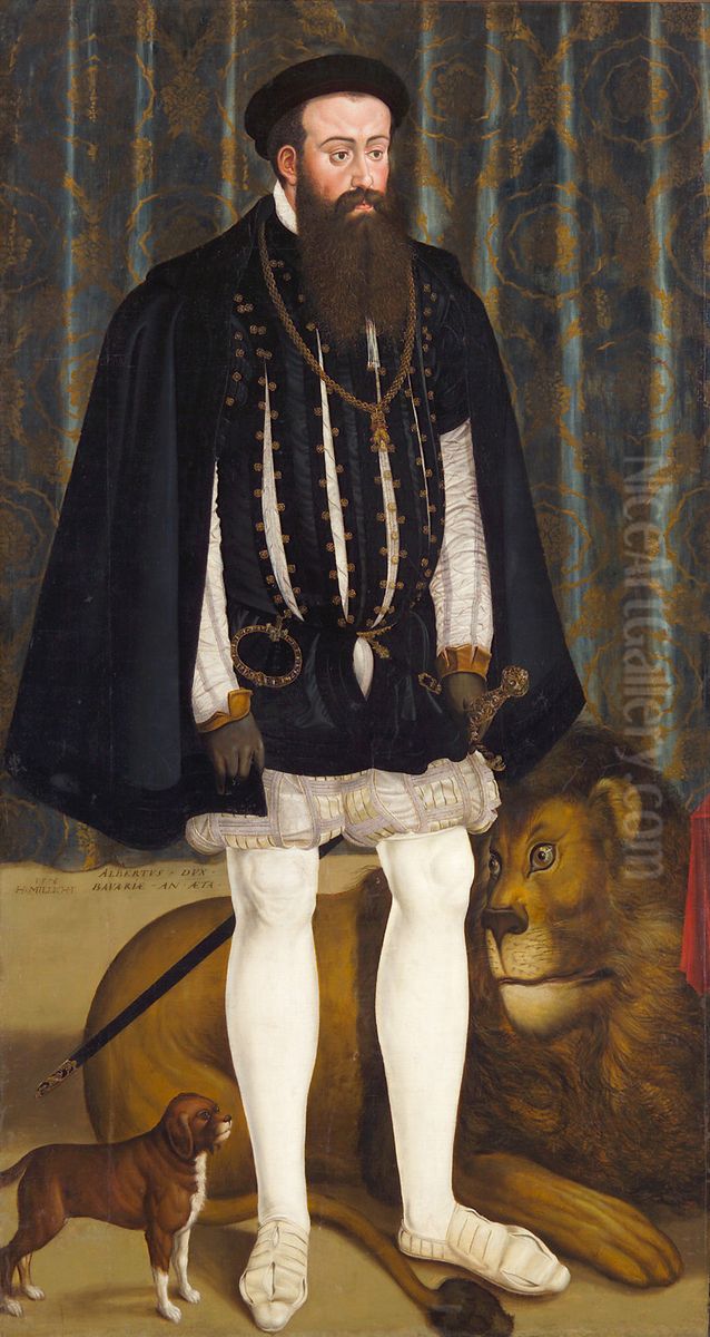 Herzog Albrecht V. (1528-1579) von Bayern mit einem Lowen Oil Painting by Hans Muelich
