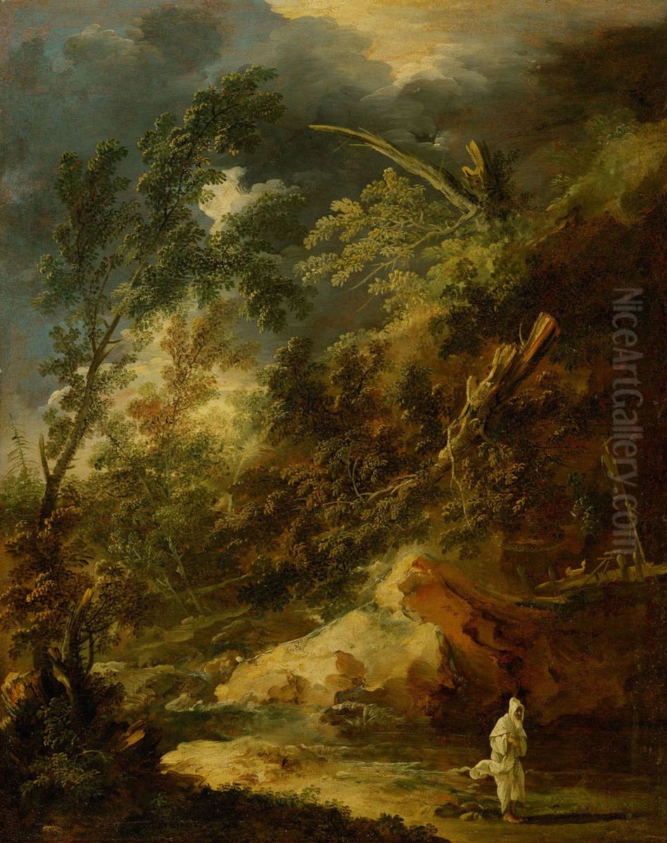 Landschaft mit einem Monch im Wettersturm Oil Painting by Marco Ricci