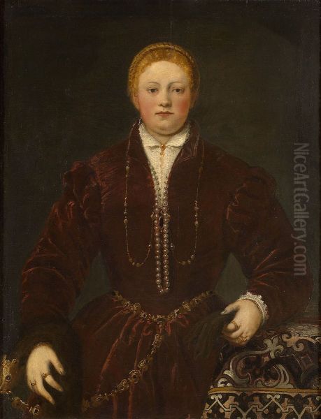 Portrait of Crown Princess of Poland-Lithuania Anna Jagiellon (1523-1596) holding a zibellino Oil Painting by Jacopo Tintoretto